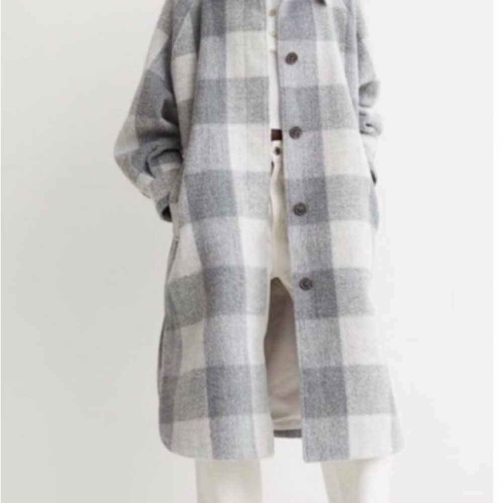 H&M Checkered Gray and White Pea Coat